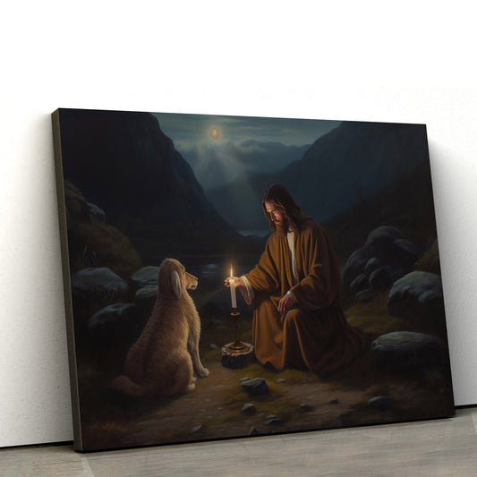 Jesus Kneeling Down With A Candlelight - Canvas Pictures - Jesus Christ Canvas - Christian Wall Art