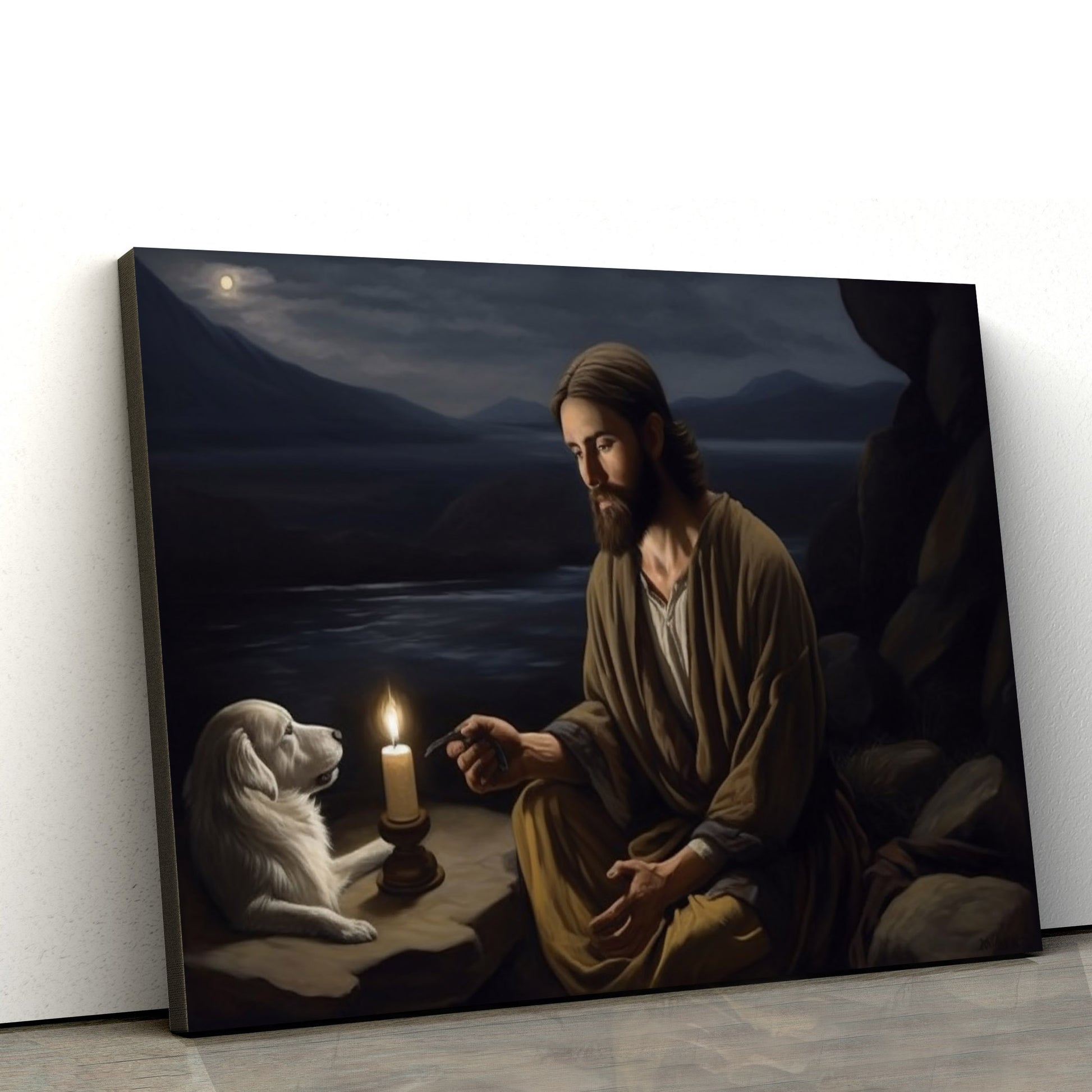 Jesus Kneeling Down With A Candlelight 1 - Canvas Picture - Jesus Christ Canvas - Christian Wall Art