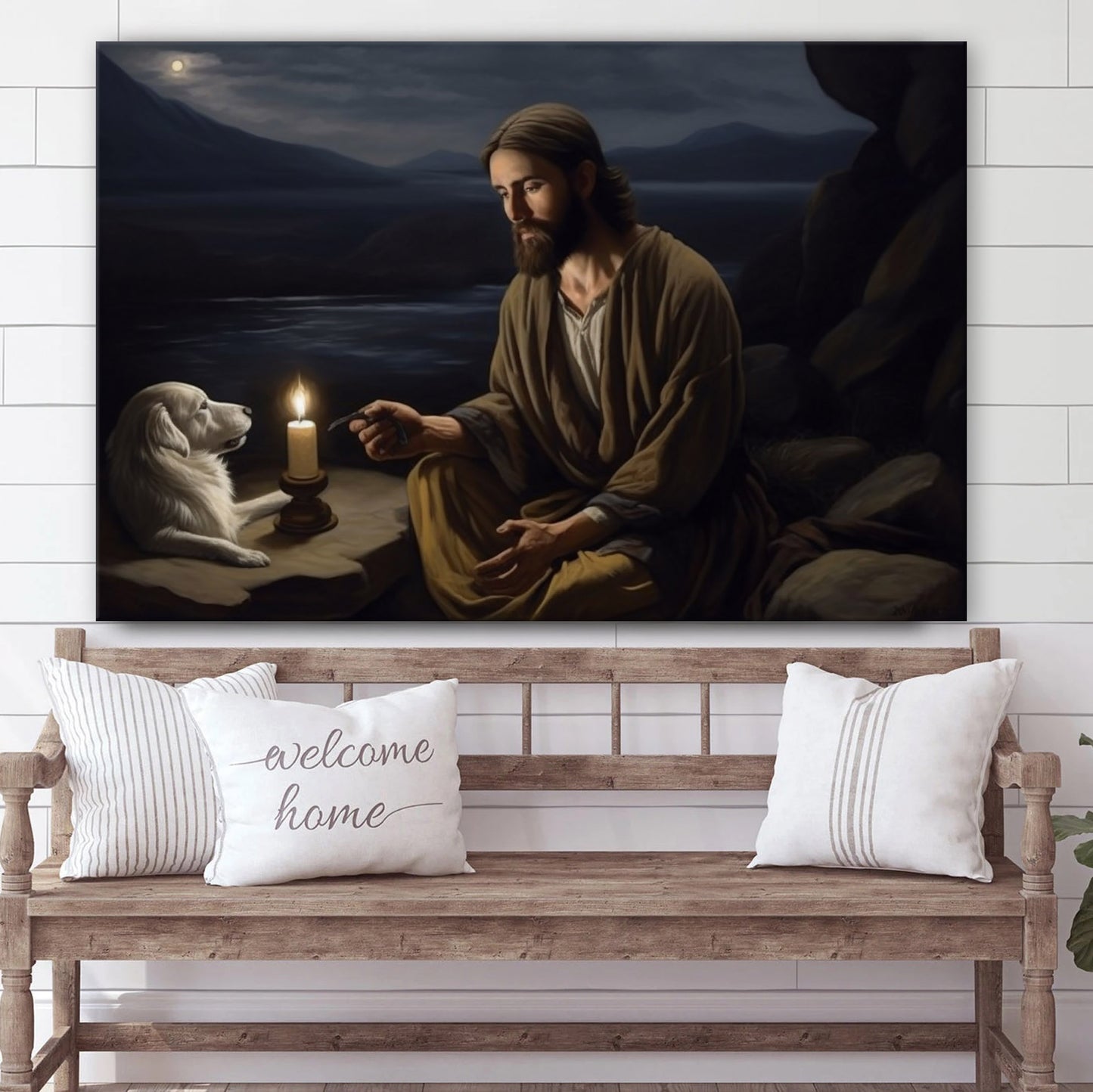 Jesus Kneeling Down With A Candlelight 1 - Canvas Picture - Jesus Christ Canvas - Christian Wall Art