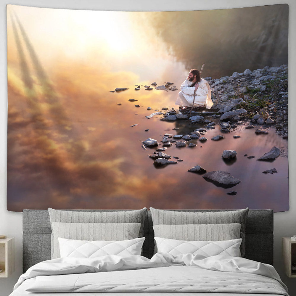 Jesus Kneeling Tapestry - Glorious Moments Tapestry - Jesus Pictures - Christian Wall Tapestry
