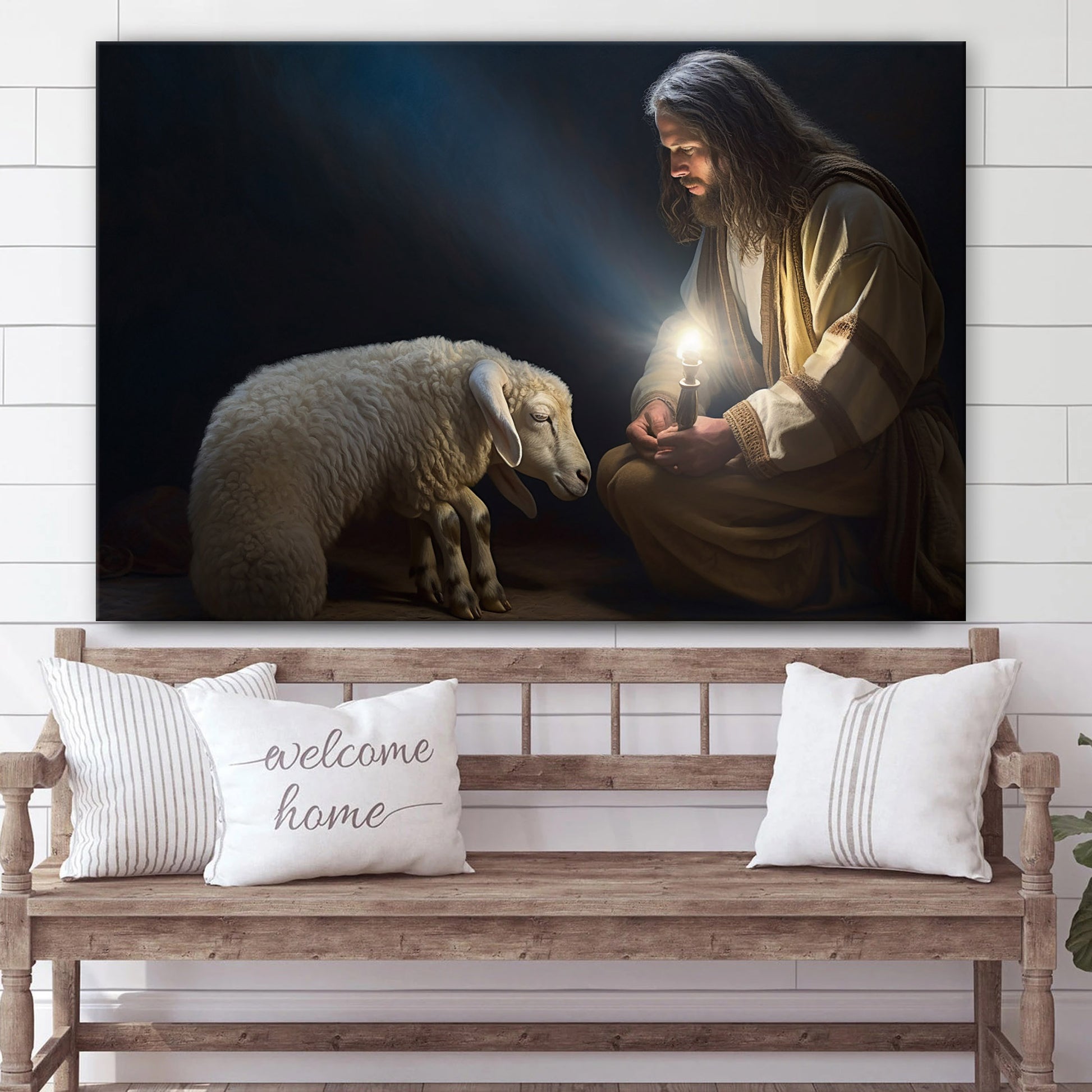 Jesus Kneeling With Sheep With A Lamp - Canvas Picture - Jesus Christ Canvas - Christian Wall Art