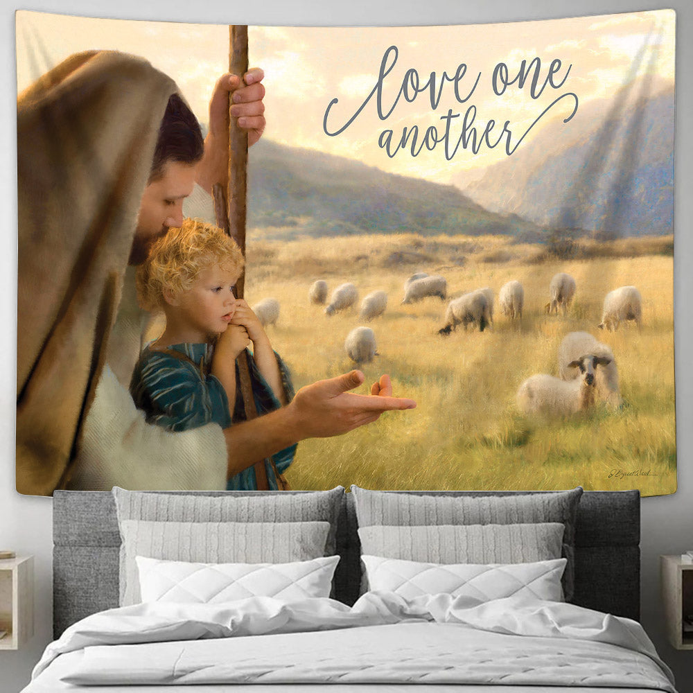 Jesus Kneels By Small Boy Tapestry - Love One Another Tapestry Christian - Jesus Pictures - Christian Wall Tapestry