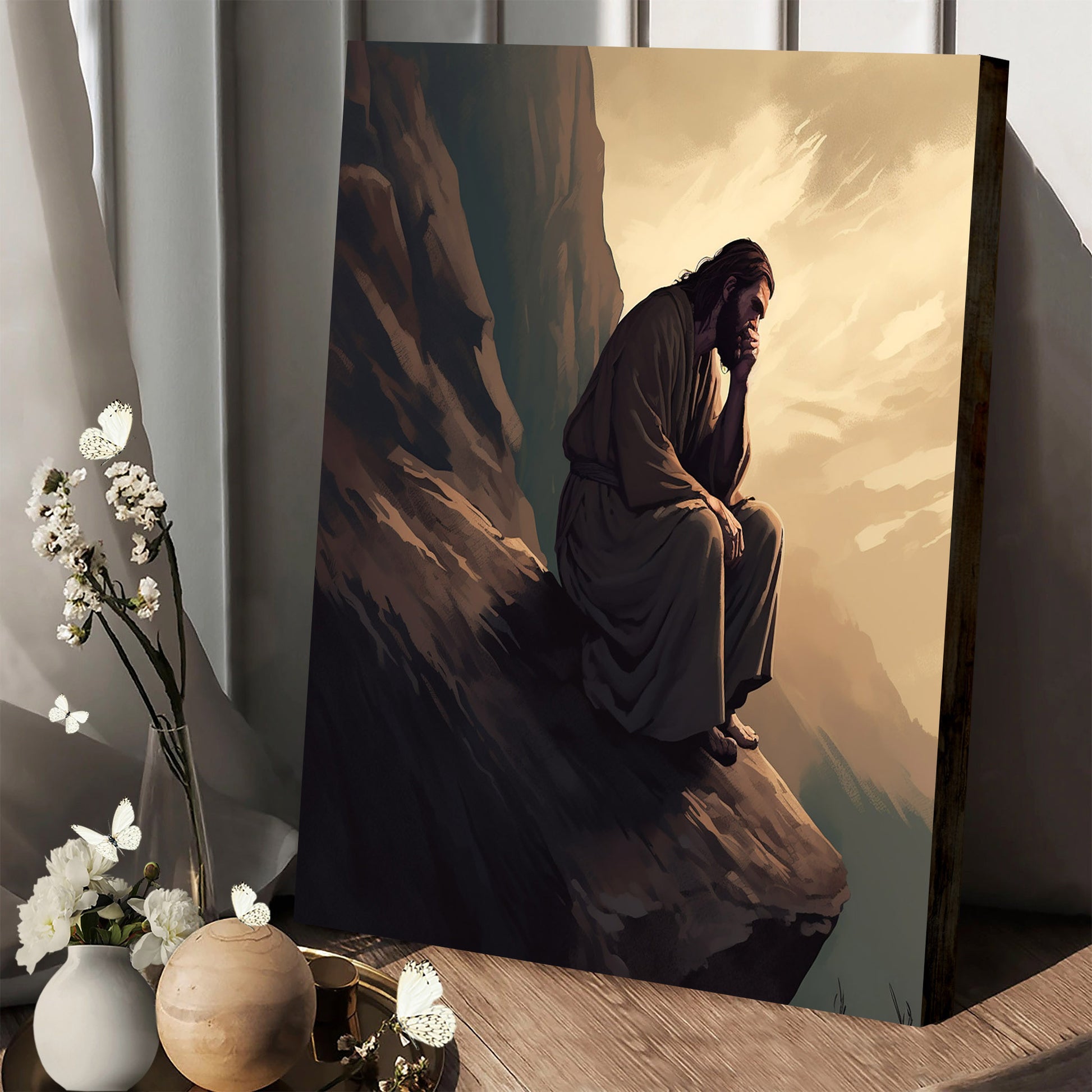 Jesus Kneels Down At The Edge Of A Rock - Canvas Pictures - Jesus Christ Canvas - Christian Wall Art