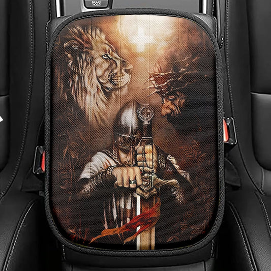 Jesus Knight Of The God Lion Of Judad Seat Box Cover, Lion Car Center Console Cover, Christian Inspirational Car Interior Accessories
