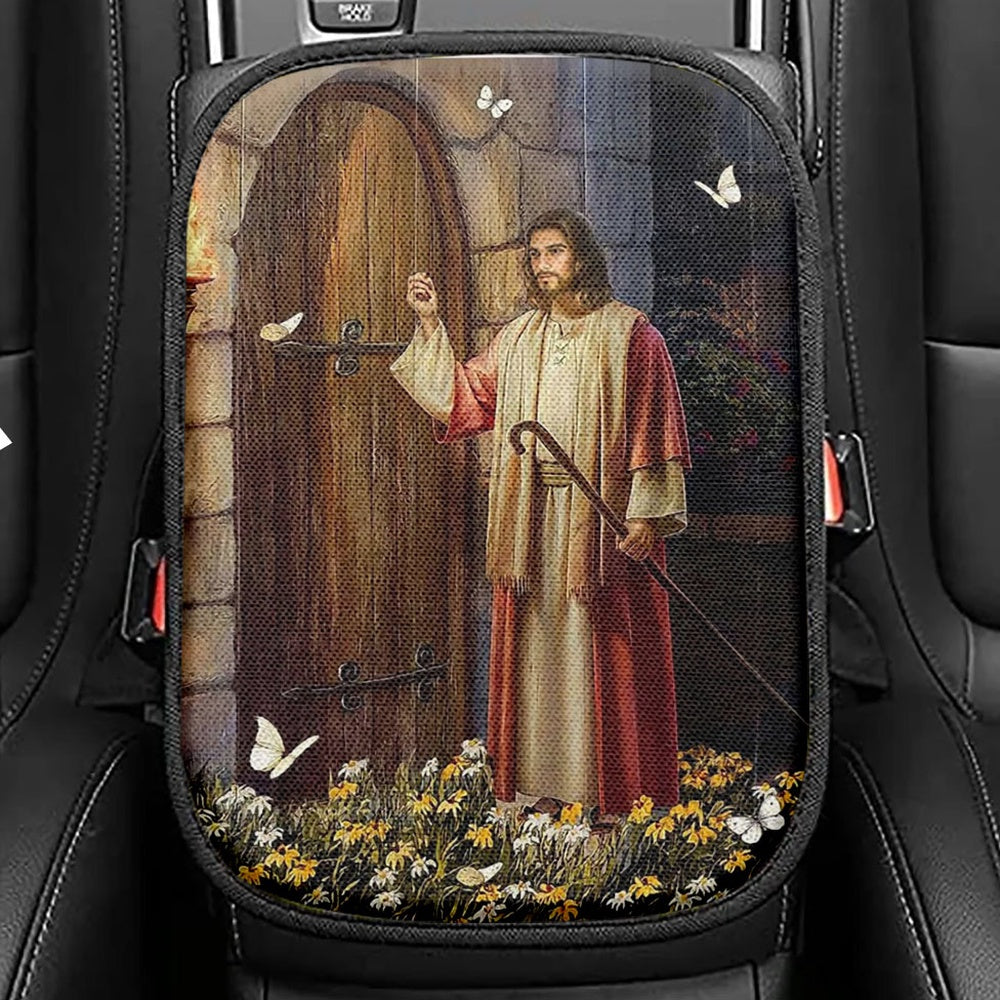 Jesus Knocks The Door Daisy Garden White Butterfly Seat Box Cover, Jesus Christ Car Center Console Cover, Christian Car Interior Accessories