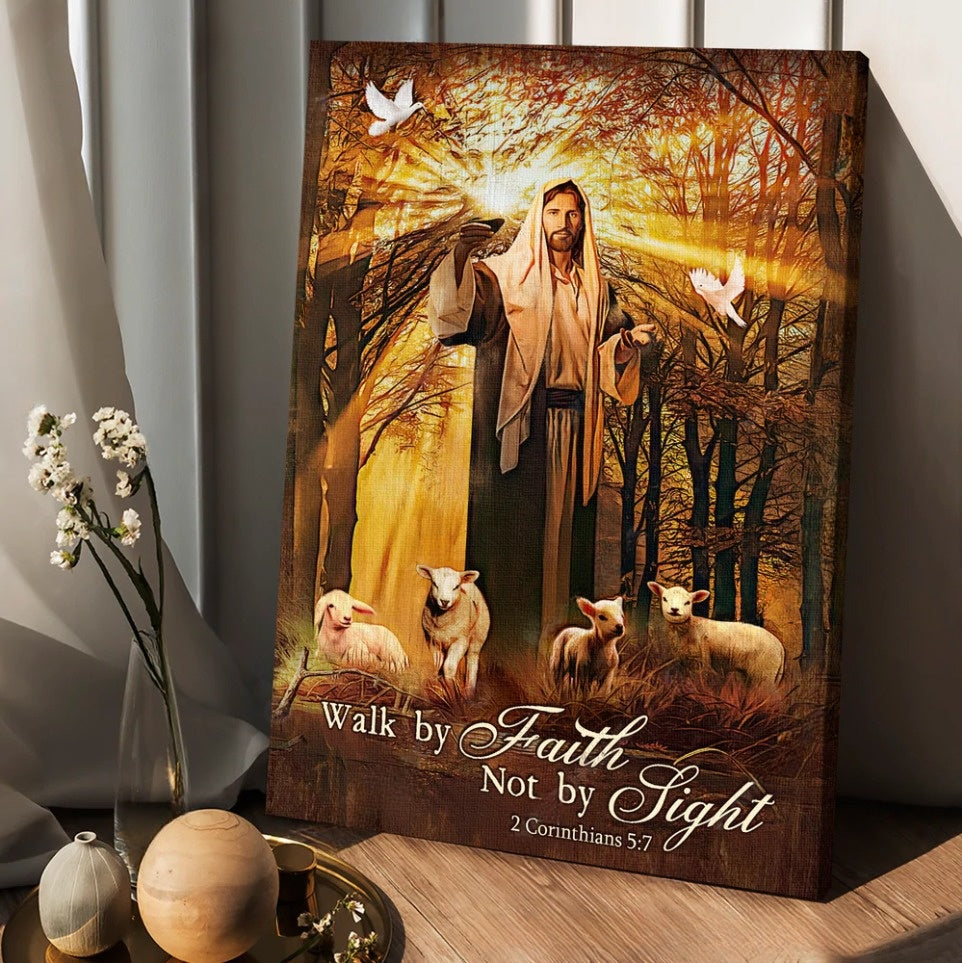 Jesus Lamb Of God Autumn Forest Walk By Faith Not By Sight Canvas Posters - Christian Wall Posters - Religious Wall Decor