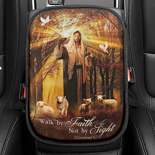 Jesus Lamb Of God Autumn Forest Walk By Faith Not By Sight Car Center Console Cover, Christian Armrest Seat Cover, Bible Seat Box Cover