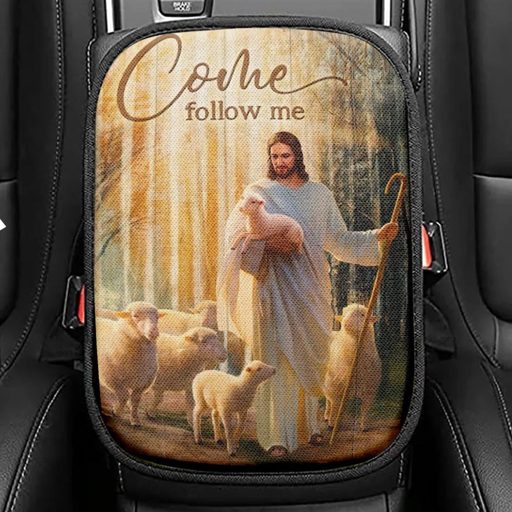 Jesus Lambs Of God Forest Come Follow Me Car Center Console Cover, Christian Armrest Seat Cover, Bible Seat Box Cover