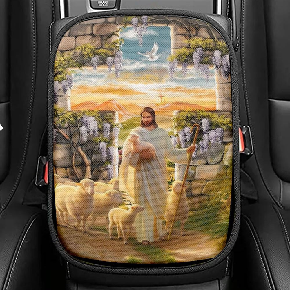 Jesus Lambs Of God Purple Wisteria Heaven Sky Car Center Console Cover, Christian Armrest Seat Cover, Bible Seat Box Cover