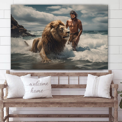 Jesus Leading A Lion To Water - Canvas Picture - Jesus Christ Canvas - Christian Wall Art