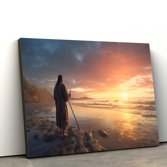 Jesus Leaning On His Cane And Watching The Sunset - Canvas Picture - Jesus Christ Canvas - Christian Wall Art
