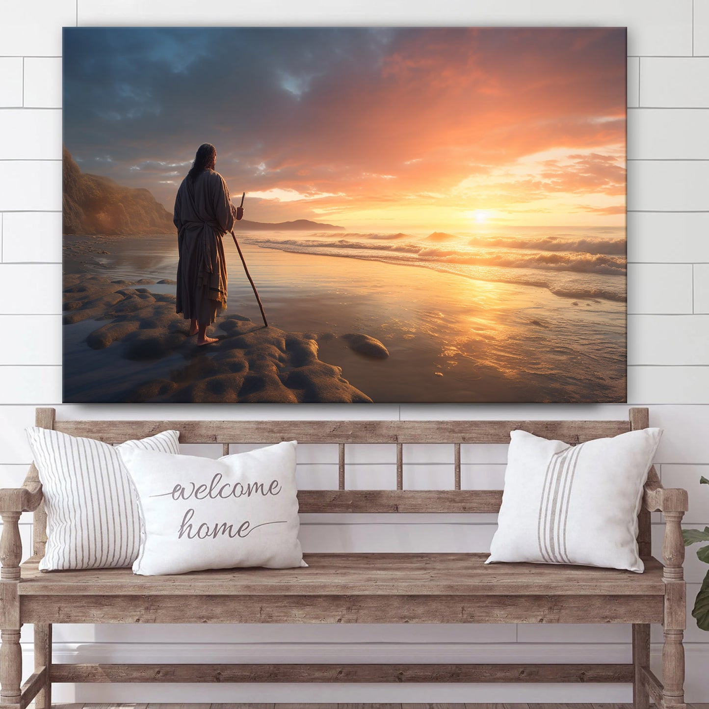 Jesus Leaning On His Cane And Watching The Sunset - Canvas Picture - Jesus Christ Canvas - Christian Wall Art