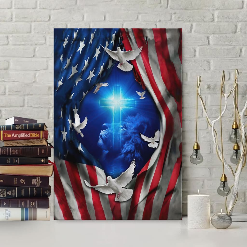 Jesus Lion American Flag Of Faith Canvas Art - Bible Verse Canvas - Scripture Wall Art
