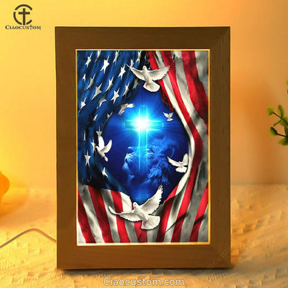 Jesus Lion American Flag Of Faith Frame Lamp Prints - Bible Verse Wooden Lamp - Scripture Night Light
