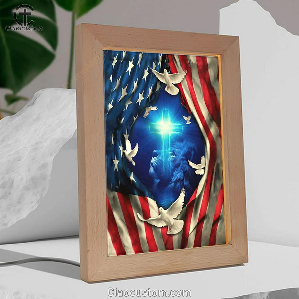 Jesus Lion American Flag Of Faith Frame Lamp Prints - Bible Verse Wooden Lamp - Scripture Night Light