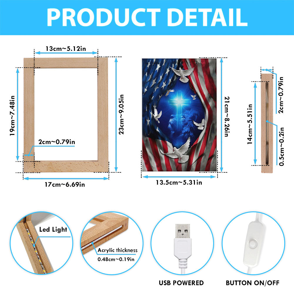 Jesus Lion American Flag Of Faith Frame Lamp Prints - Bible Verse Wooden Lamp - Scripture Night Light