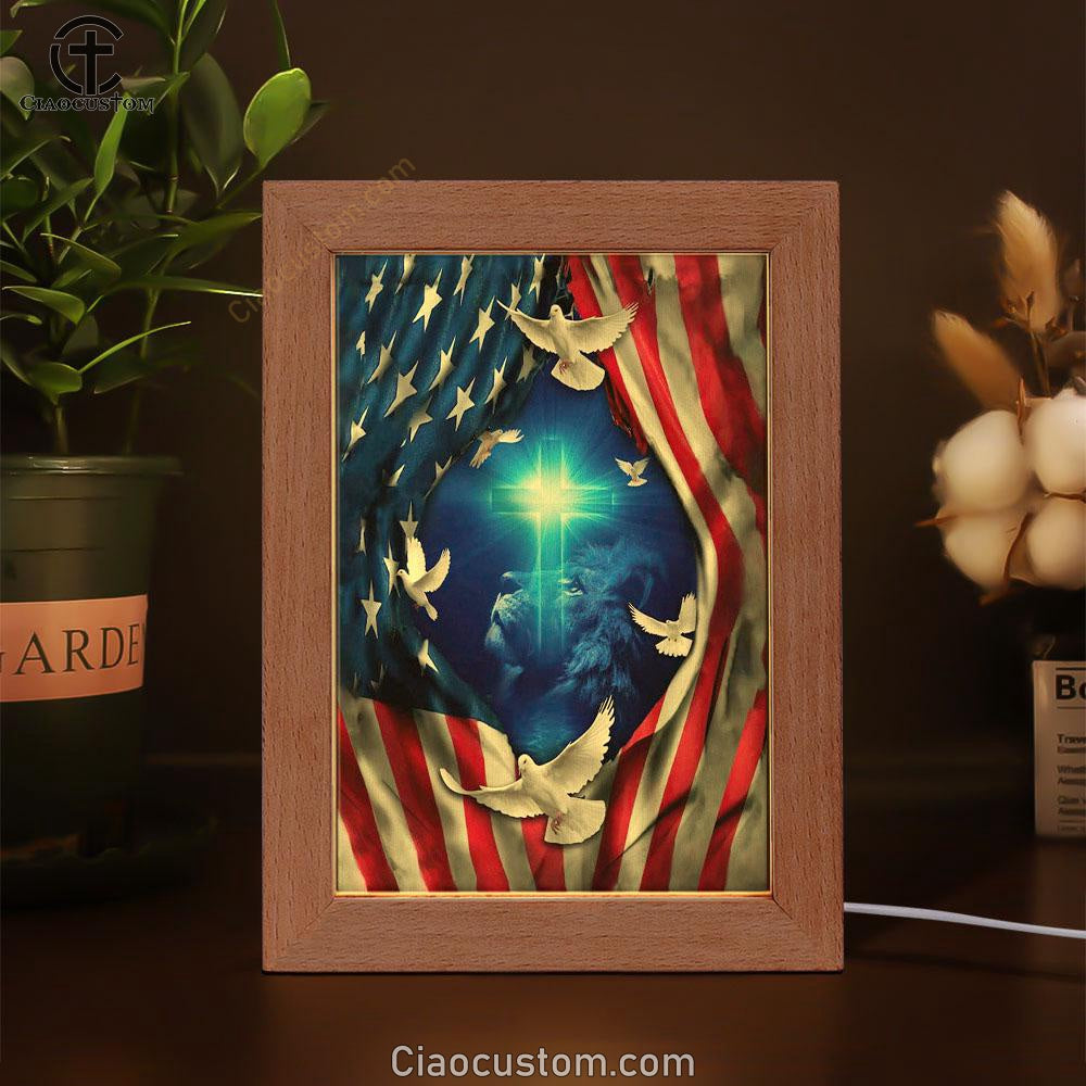 Jesus Lion American Flag Of Faith Frame Lamp Prints - Bible Verse Wooden Lamp - Scripture Night Light