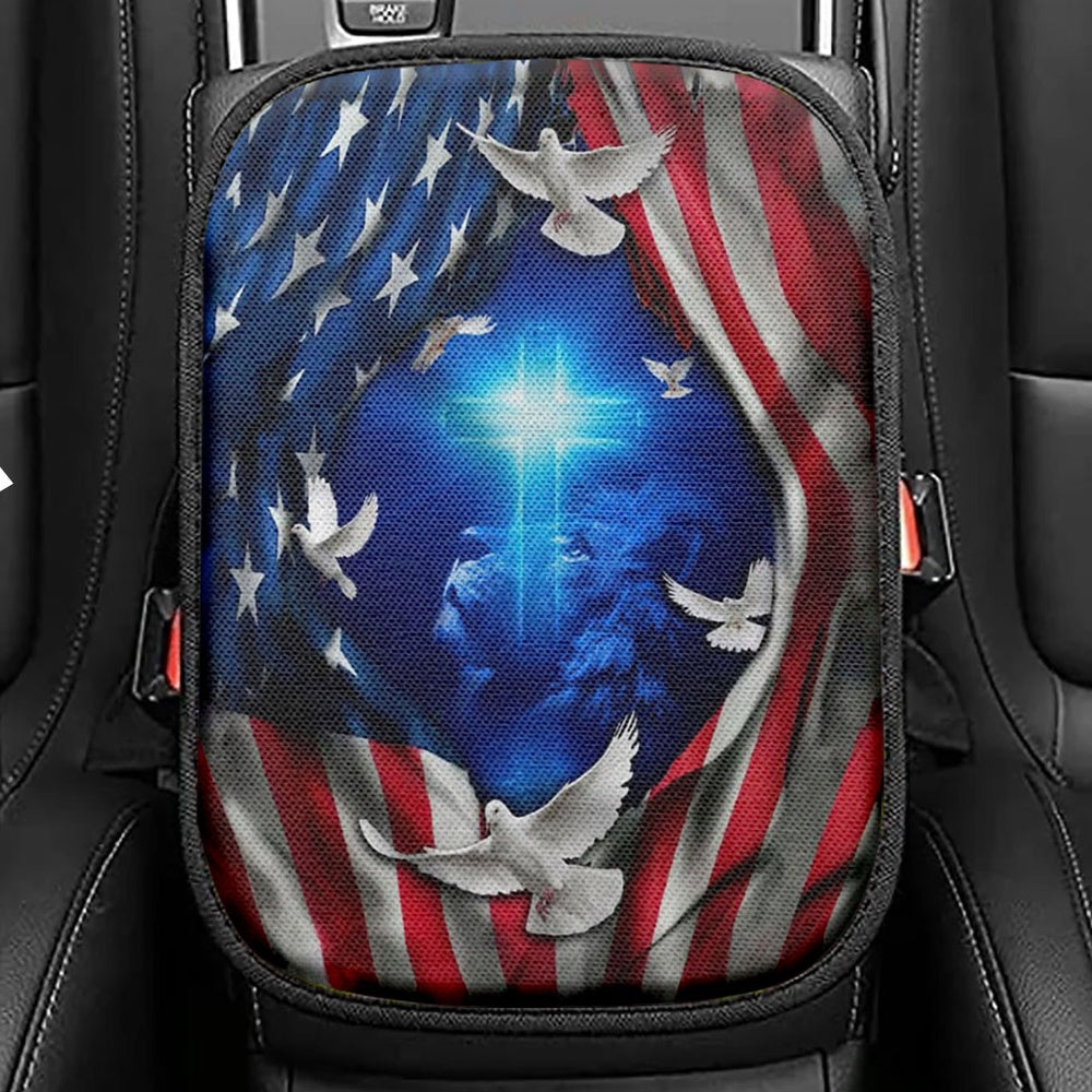 Jesus Lion American Flag Of Faith Seat Box Cover, Bible Verse Car Center Console Cover, Scripture Car Interior Accessories