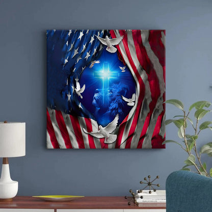 Jesus Lion American Flag Of Faith Wall Art Canvas - Religious Posters