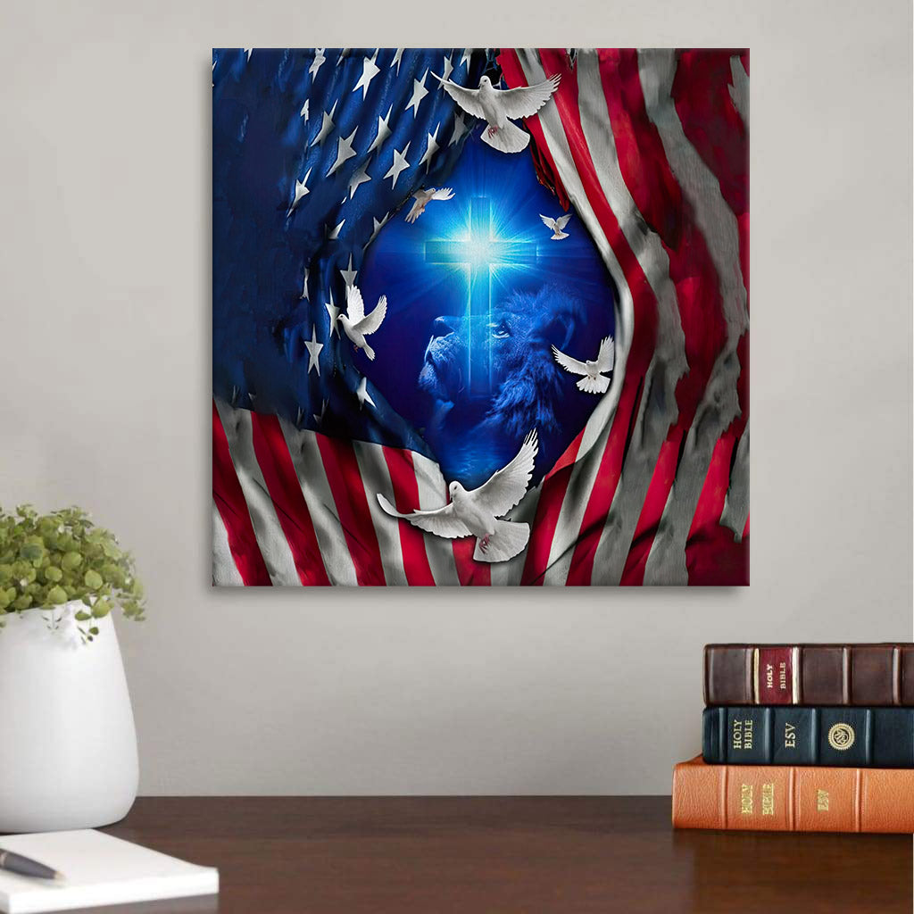Jesus Lion American Flag Of Faith Wall Art Canvas - Religious Posters