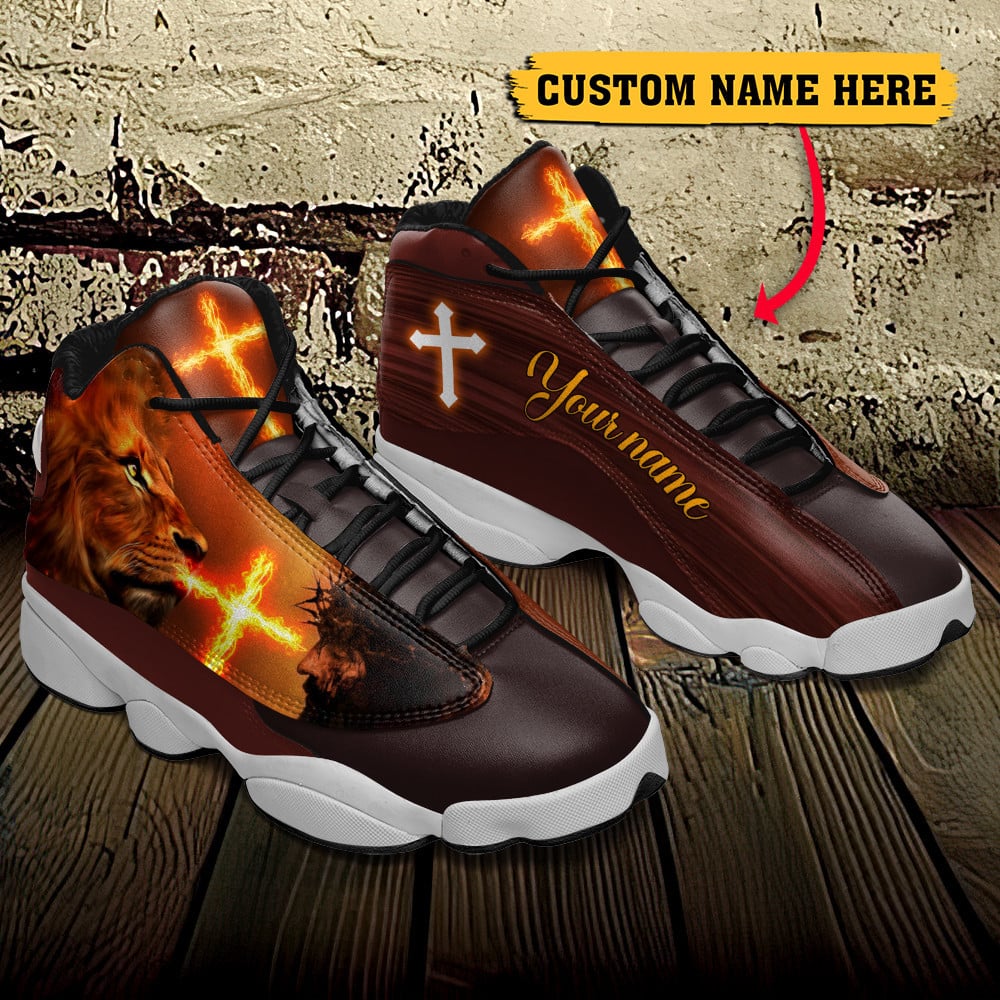 Jesus Lion And Fire J13 Shoes - Personalized Name Faith Shoes - Jesus Shoes