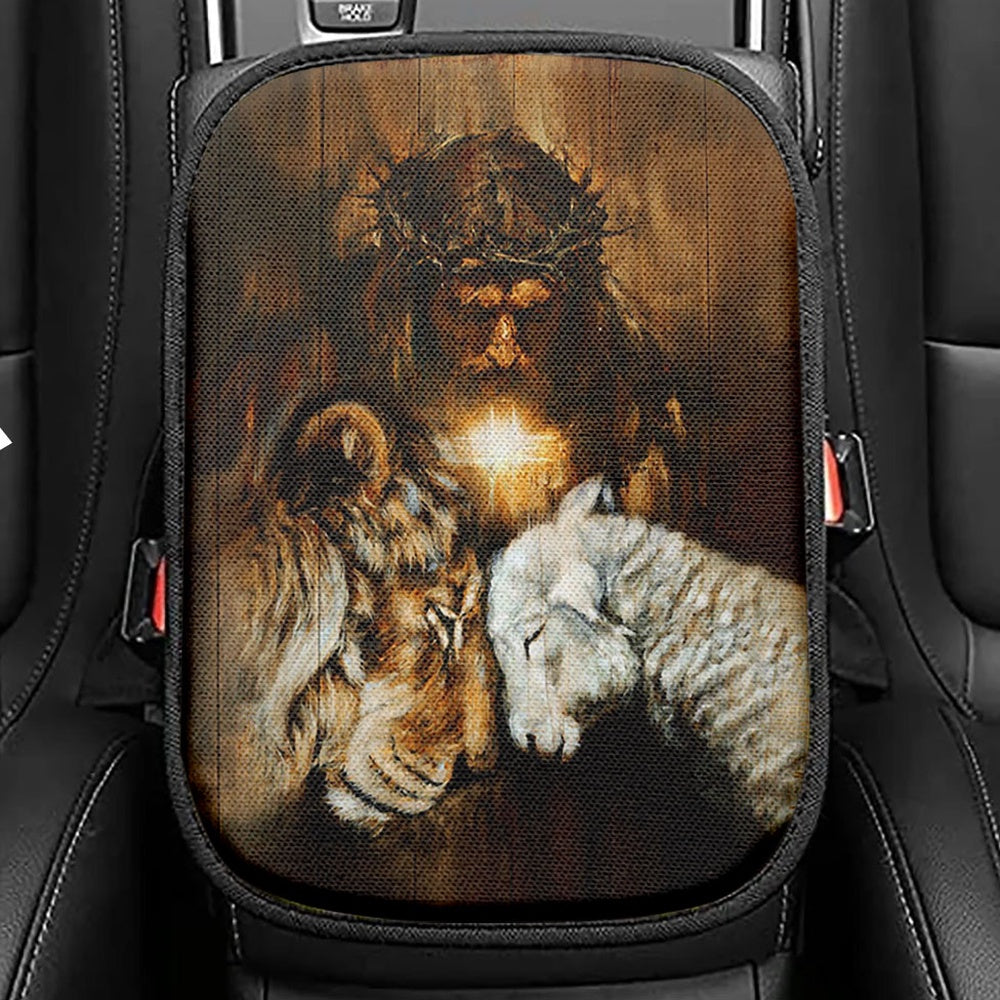 Jesus Lion And Lamb Cross Seat Box Cover, Jesus Portrait Car Center Console Cover, Christian Car Interior Accessories