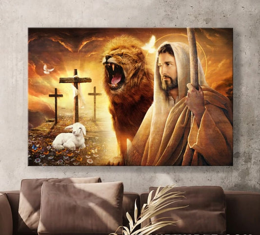 Jesus Lion And Lamb Heaven's Light Canvas Wall Art - Jesus Canvas Pictures - Christian Wall Posters