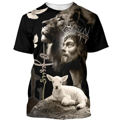 Jesus Lion And The Lamb Black 3d Shirts - Christian T Shirts For Men And Women