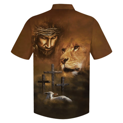 Jesus Lion And The Lamb Three Cross Hawaiian Shirts - Christian Hawaiian Shirt - Hawaiian Shirts For Men