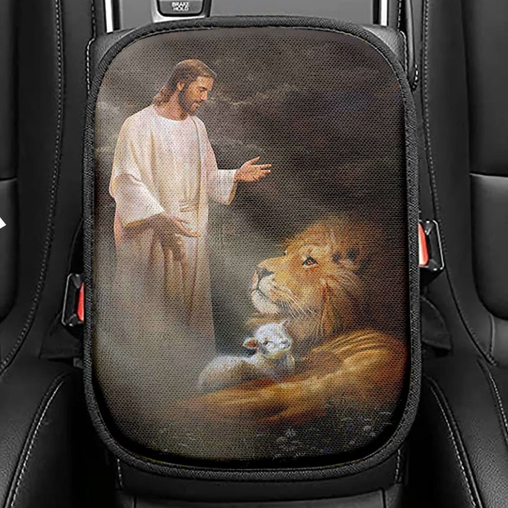 Jesus Lion And The Lambs Seat Box Cover, Bible Verse Car Center Console Cover, Inspirational Car Interior Accessories