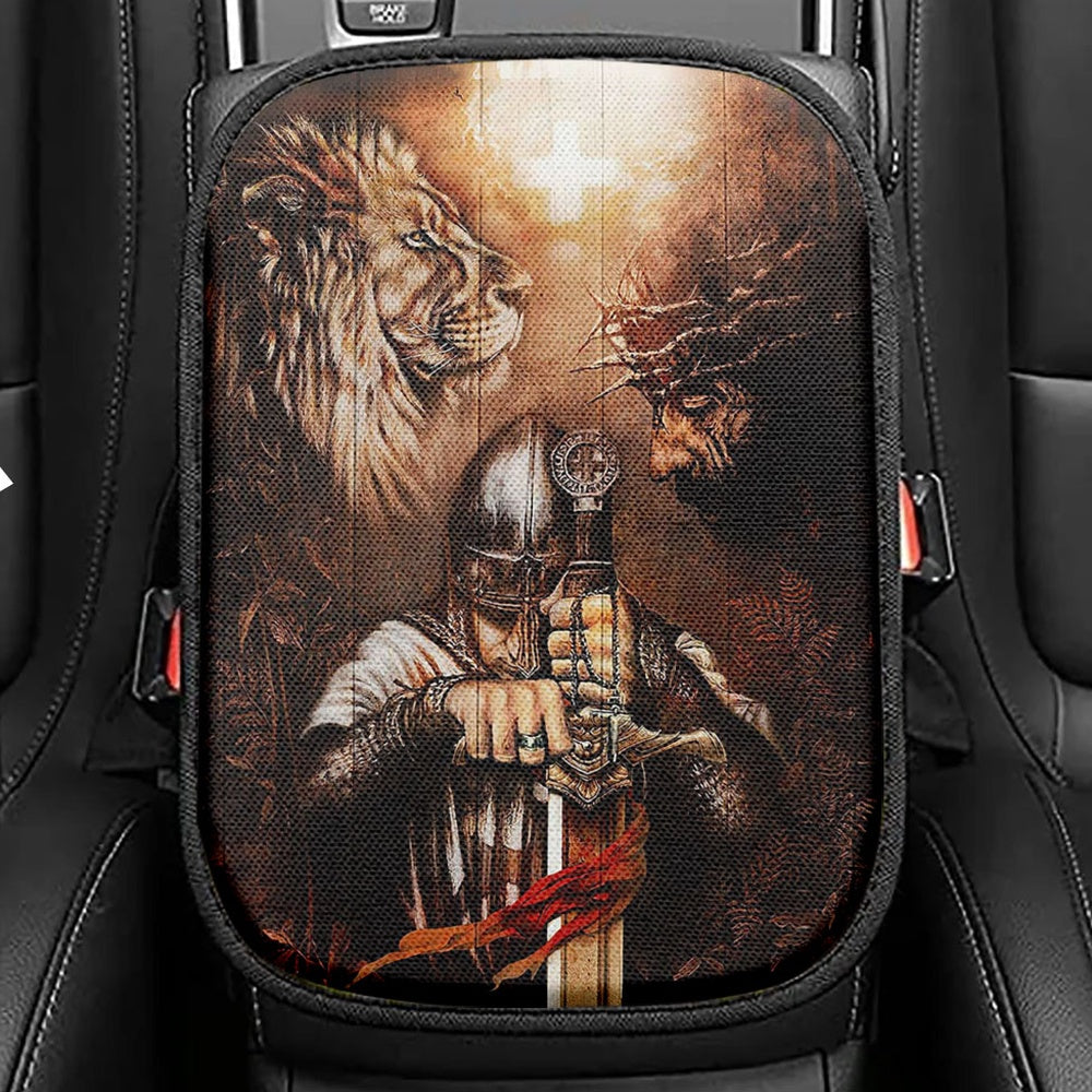 Jesus Lion And Warrior Seat Box Cover, Christian Car Center Console Cover, Bible Verse Car Interior Accessories
