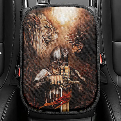 Jesus Lion And Warrior Seat Box Cover, Christian Car Center Console Cover, Bible Verse Car Interior Accessories