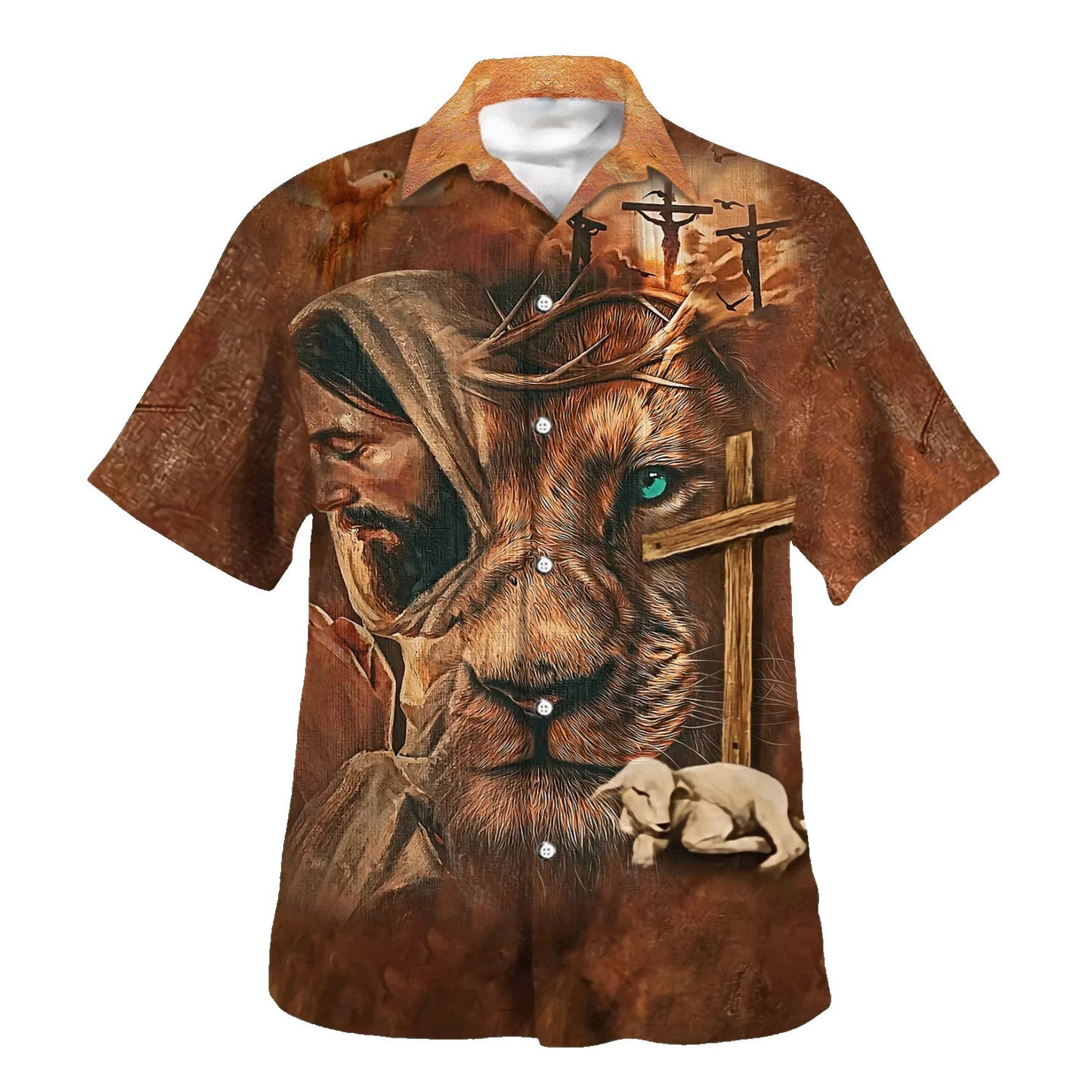 Jesus Lion Cross And The Lamb Hawaiian Shirts For Men - Christian Hawaiian Shirt - Hawaiian Summer Shirts
