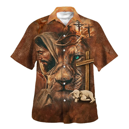 Jesus Lion Cross And The Lamb Hawaiian Shirts For Men - Christian Hawaiian Shirt - Hawaiian Summer Shirts