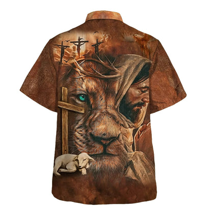 Jesus Lion Cross And The Lamb Hawaiian Shirts For Men - Christian Hawaiian Shirt - Hawaiian Summer Shirts