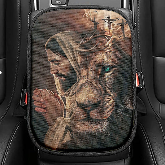 Jesus Lion Cross Eyes Half Jesus Half Lion Seat Box Cover, Jesus Car Center Console Cover, Christian Car Interior Accessories
