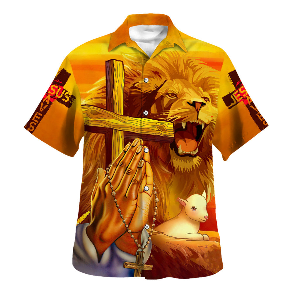 Jesus Lion Cross Faith Over Fear Hawaiian Shirt - Christian Hawaiian Shirt - Religious Hawaiian Shirts