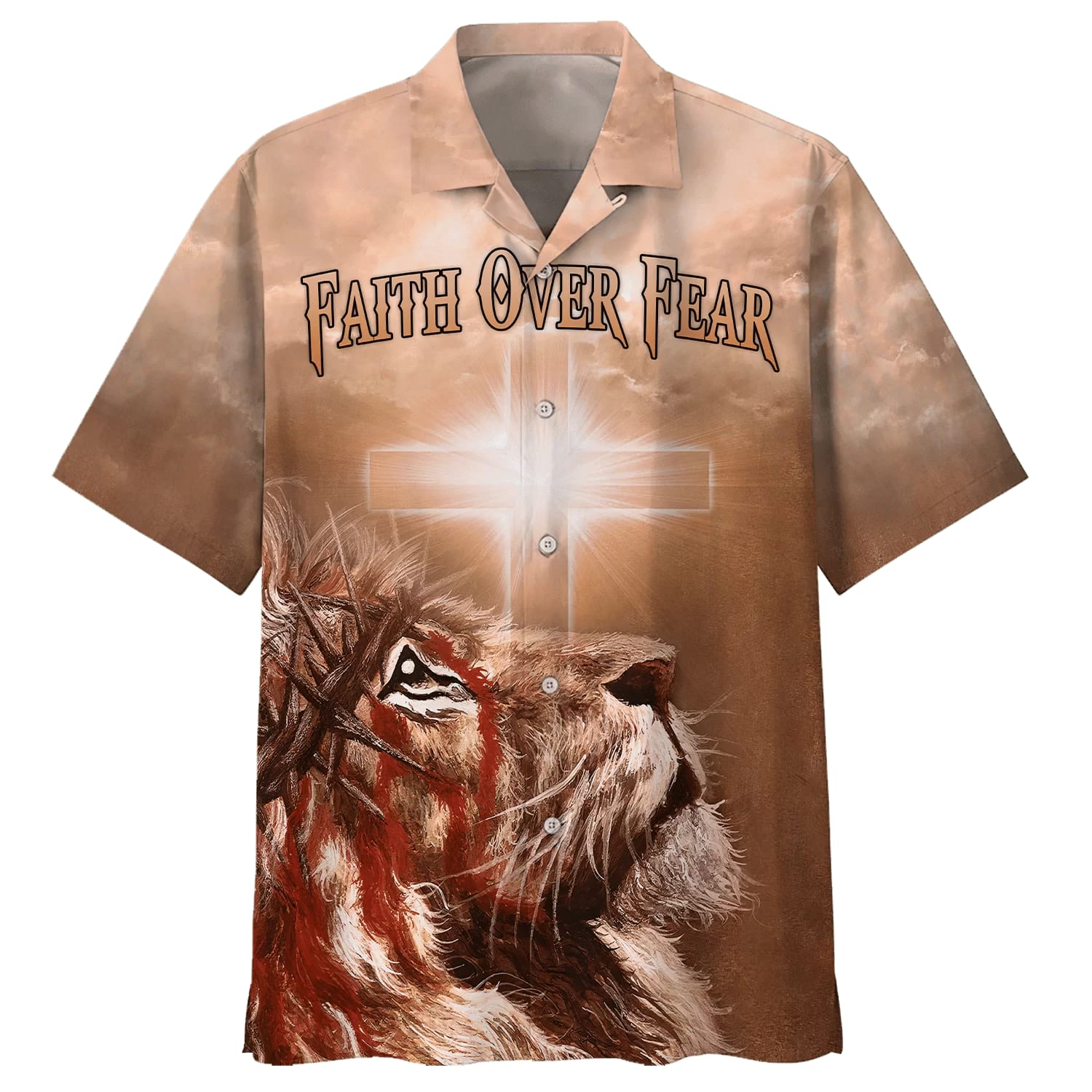Jesus Lion Cross Flag Faith Over Fear Hawaiian Shirt - Best Hawaiian Shirts - Christian Hawaiian Shirt