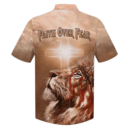 Jesus Lion Cross Flag Faith Over Fear Hawaiian Shirt - Best Hawaiian Shirts - Christian Hawaiian Shirt
