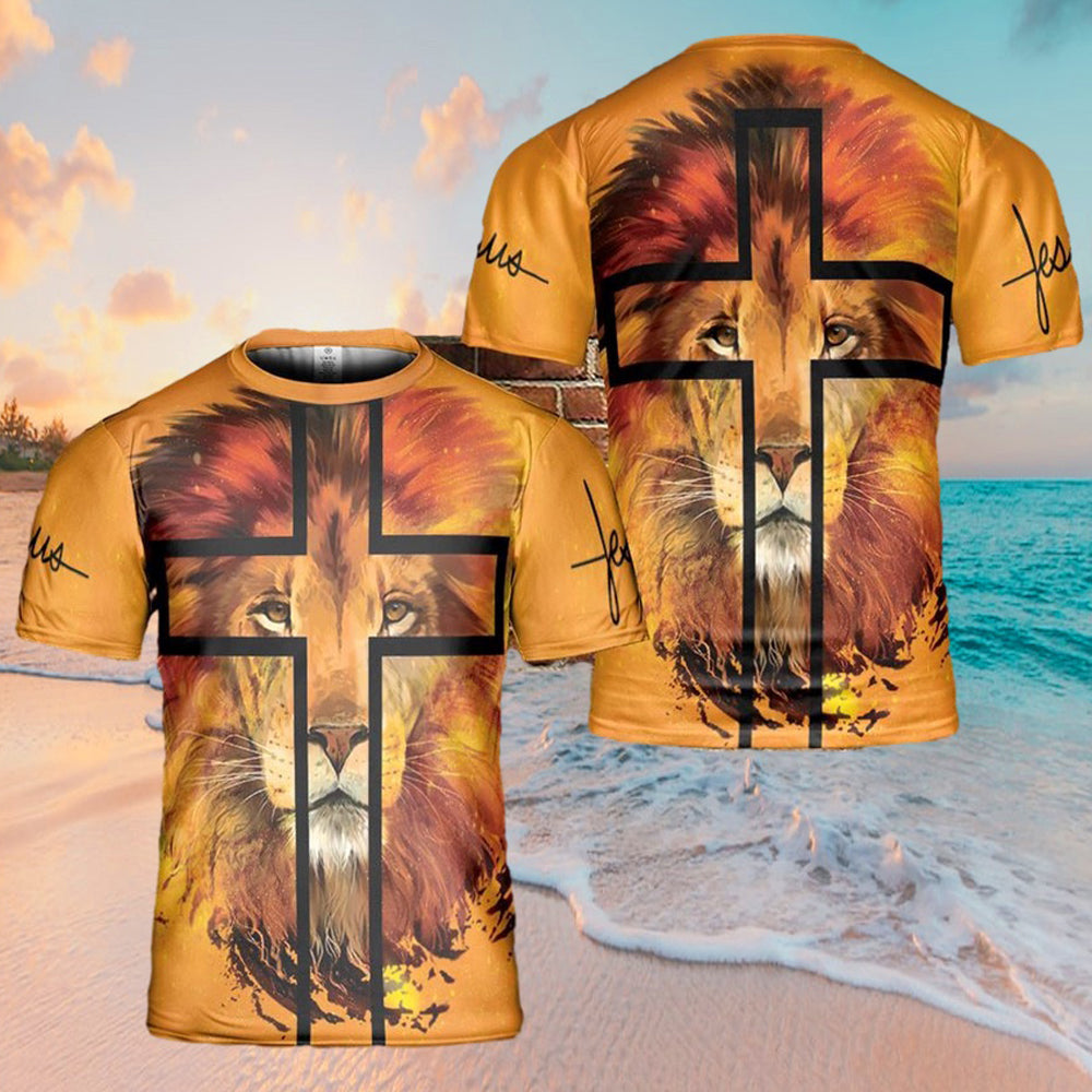 Jesus Lion Cross Portrait 3d T Shirts - Christian Shirts For Men&Women