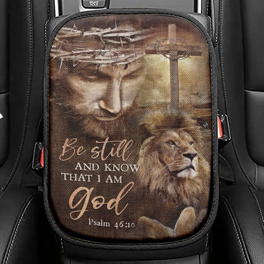 Jesus, Lion Drawing, Cross, Be Still And Know That I Am God Car Center Console Cover, Christian Armrest Seat Cover, Bible Seat Box Cover