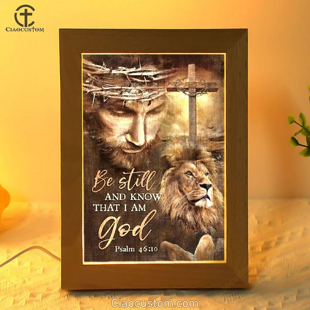 Jesus, Lion Drawing, Cross, Be Still And Know That I Am God Frame Lamp