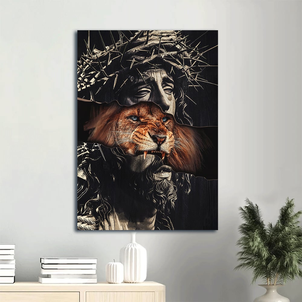 Jesus Lion Faith God Stunning Crown Of Thorn Brown Lion Believer In Jesus Canvas Wall Art - Christian Gift