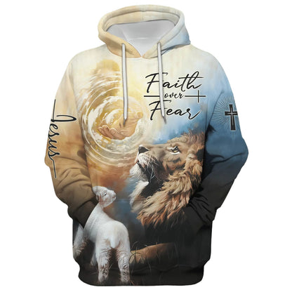 Jesus Lion Faith Over Fear Christ Hoodies - Christ God Hand Hoodie - Men & Women Christian Hoodie - 3D Printed Hoodie