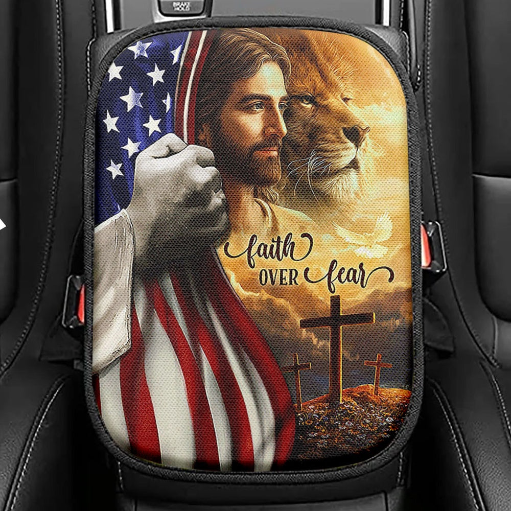 Jesus Lion Faith Over Fear Seat Box Cover, Christian Car Center Console Cover, Bible Verse Car Interior Accessories