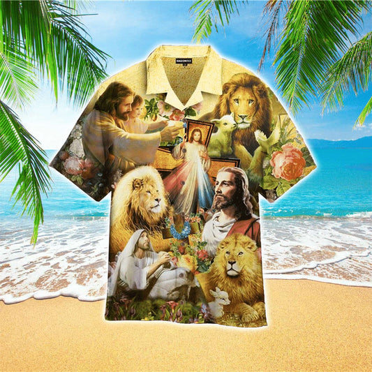 Jesus Lion Goat Beautiful Flowers Hawaiian Shirt - Christian Hawaiian Shirts For Men & Women