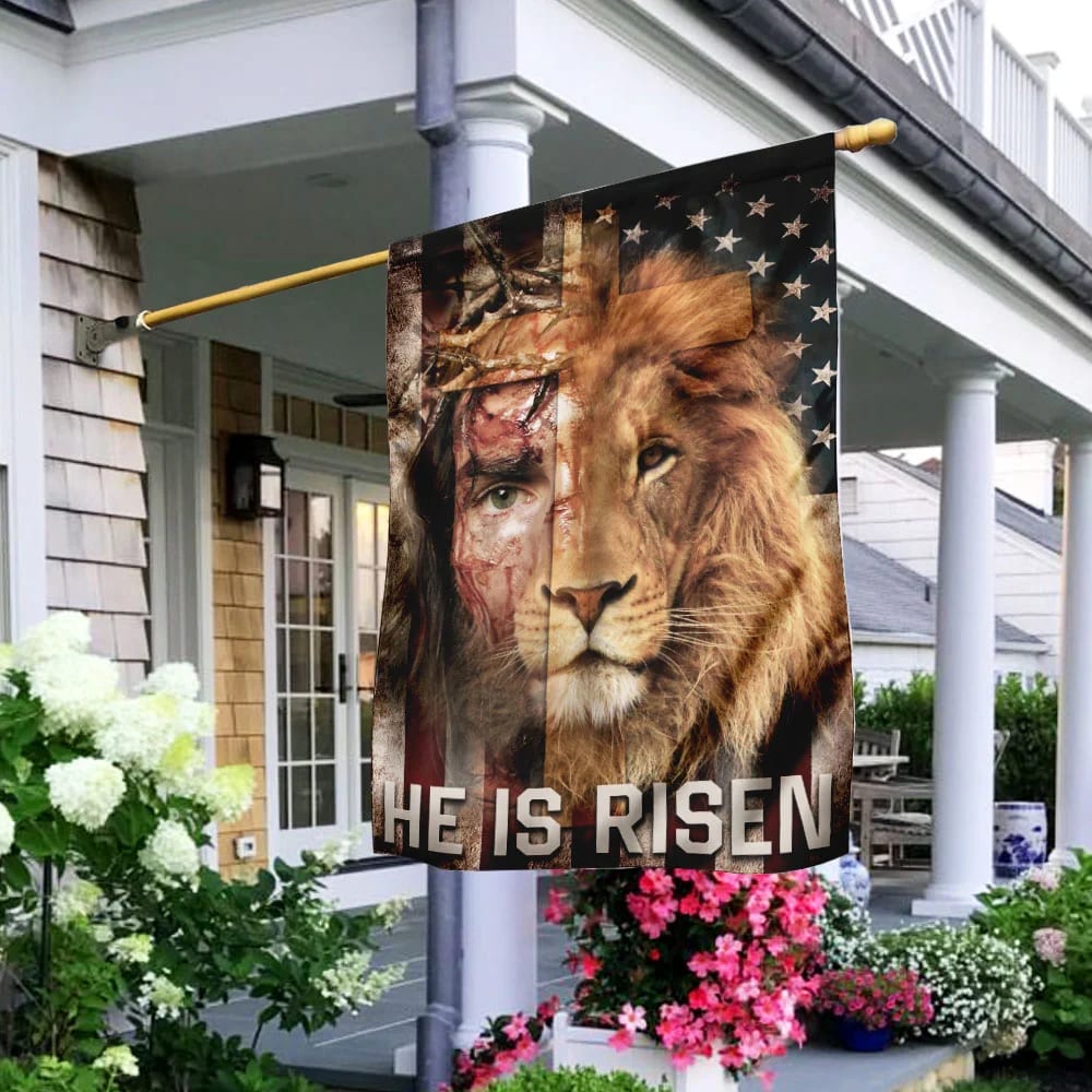 Jesus Lion He Is Risen Lion American US House Flag - Christian Garden Flags - Christian Flag - Religious Flags