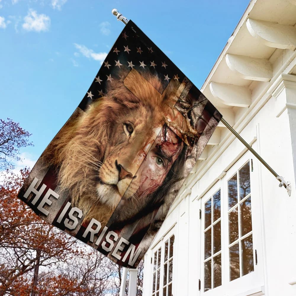 Jesus Lion He Is Risen Lion American US House Flag - Christian Garden Flags - Christian Flag - Religious Flags