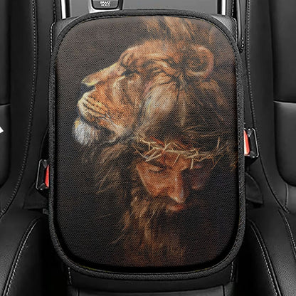 Jesus Lion Head Seat Box Cover, Jesus Car Center Console Cover, Christian Car Interior Accessories