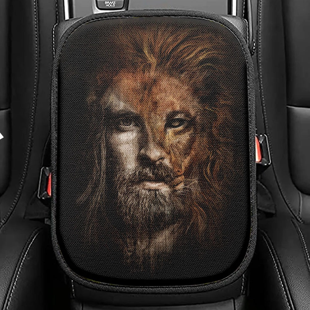 Jesus Lion Head Seat Box Cover, Jesus Portrait Car Center Console Cover, Christian Car Interior Accessories